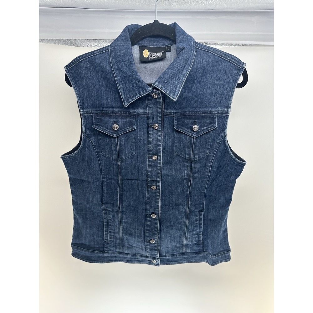 Christine Alexander Vest Women L Blue Denim Swarovski Crystal‎ Bling Sparkle